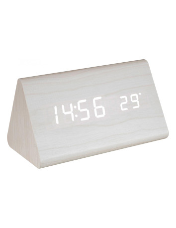 Ceas digital HOME OC 07 alb, vedere oblică frontală cu latura dreaptă și afișajul LED 2